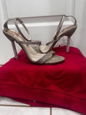 Sophia Webster Silver Glitter Strappy Sandals with Crystal-Embellished Heels